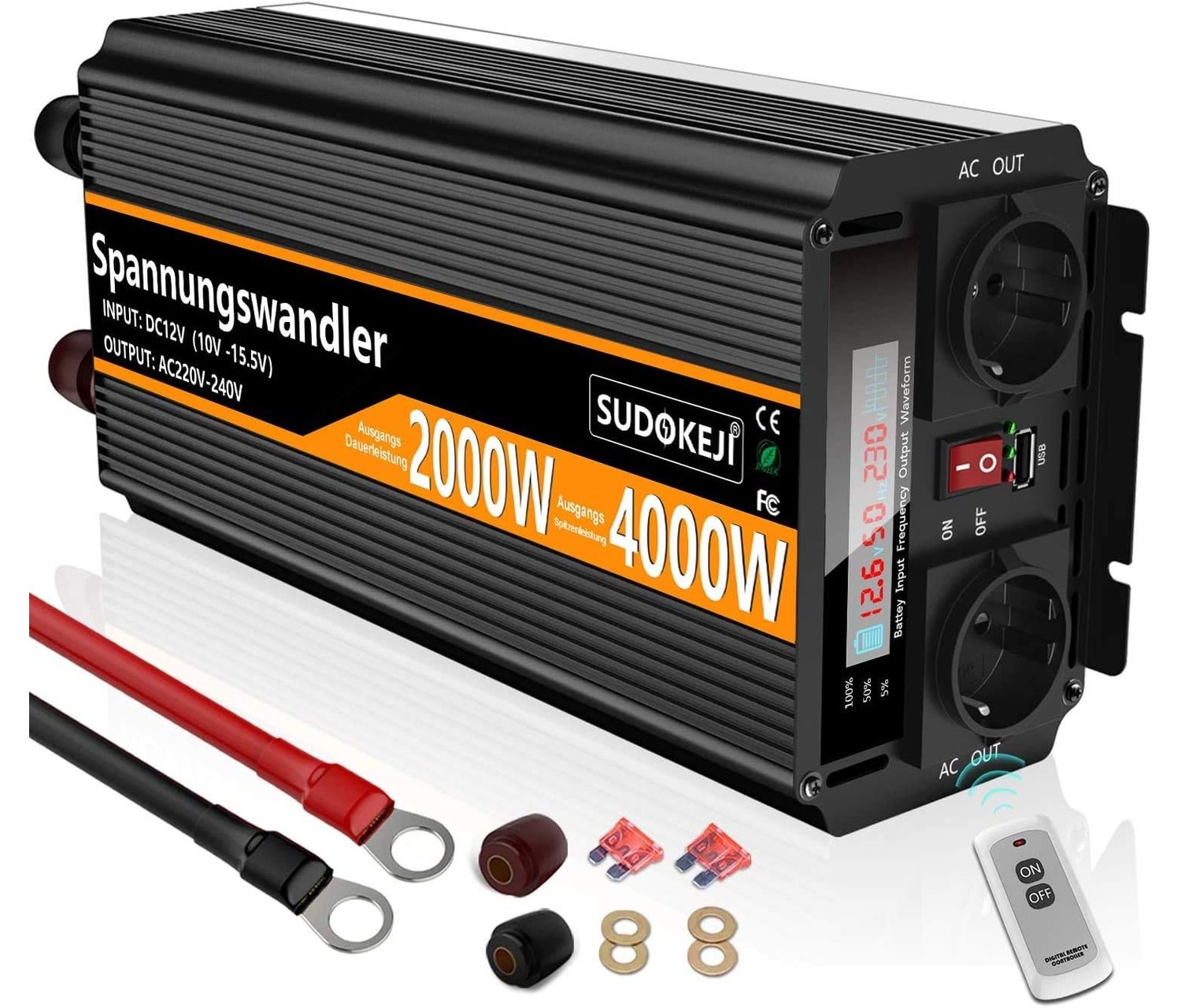 2000W Wechselrichter 12v auf 230v Spannungswandler mit Flussigkristallanzeige Fernbedienung, 2 Steckdosen und USB f��r die Wohnwagen, Boot, Camping, Reisen,Zuhause, Solar verwendet Werden kann