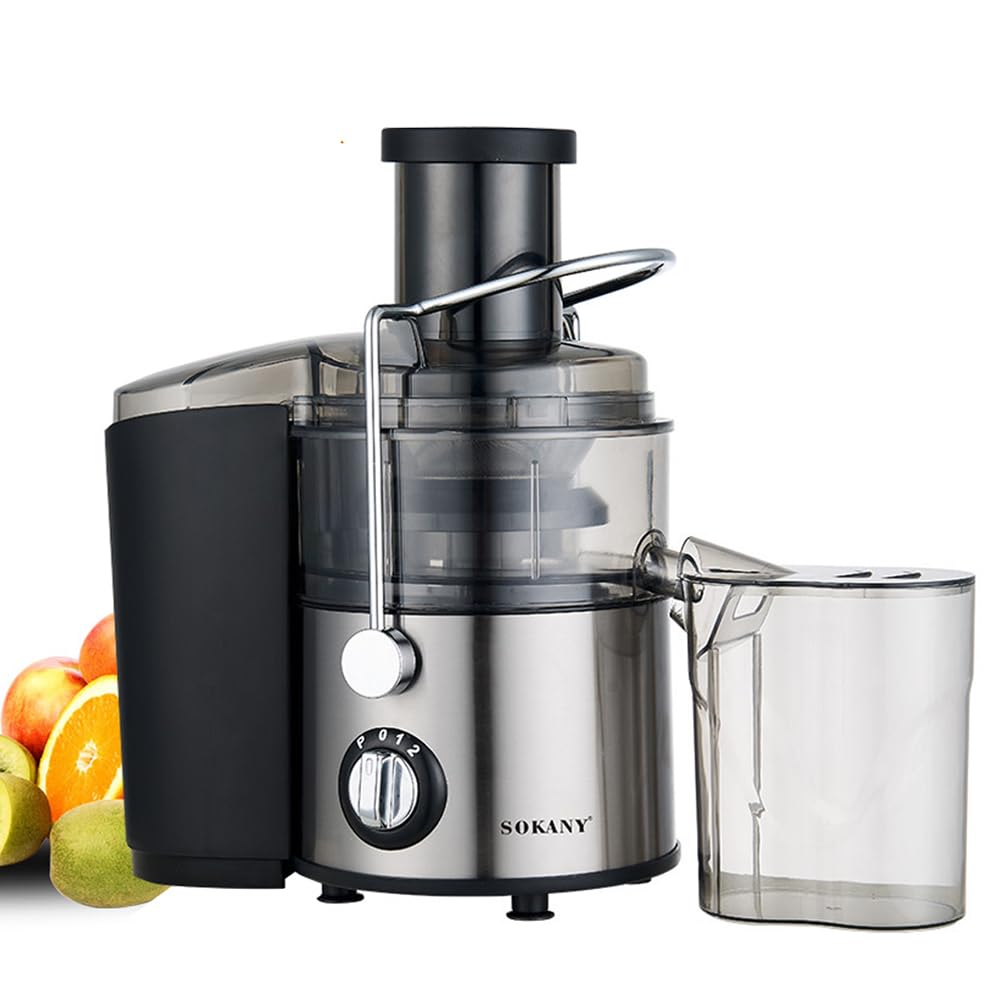 SOKANY 800W Entsafter Gemuse und Obst, Quick Juicer mit optimierter Saftausbeute, Groe 65 mm Einfulloffnung, 2 Geschwindigkeitsstufen, Einfach zu Reinigen, Schwarz/Edelstahl